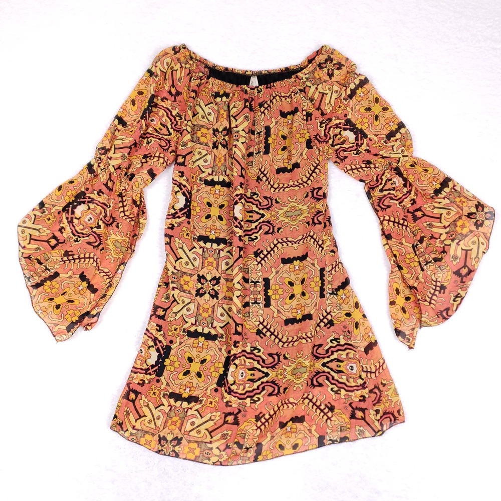 Truth NYC Dress Boho Bell‎ Sleeve Small Orange Tribal Retro Vibes Prairie Chic